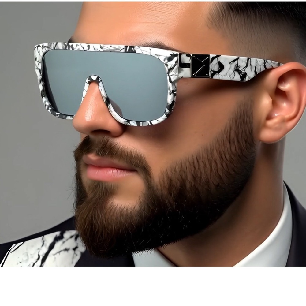 Statement Marble Print Shield Sunglasses Silver Mirror Lens Men Sunny Shades Hot